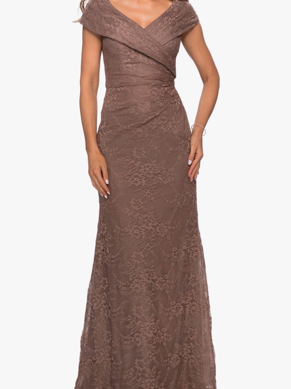 La Femme Taupe Lace Off-Shoulder Wrap Gown size 4 cocoa